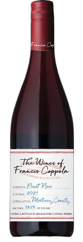 A bottle of Francis Coppola Pinot Noir wine, vintage 2021, with a red cap and white label.